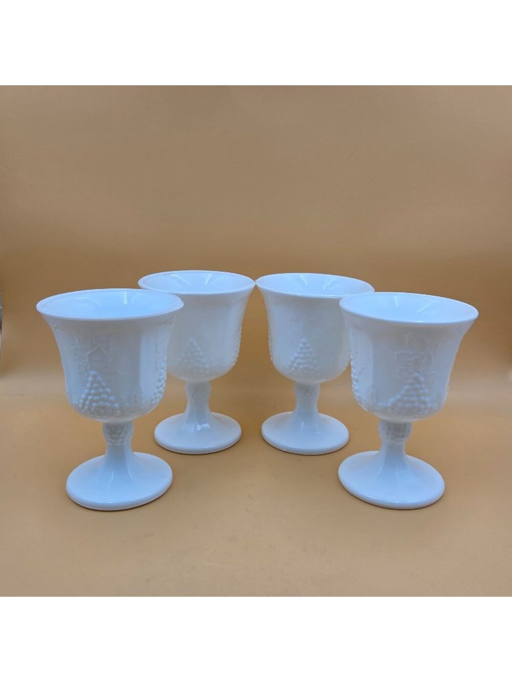 Colony Harvest Milk Glass Grapes Leaves Water Goblet Vintage Footed Glass Set of